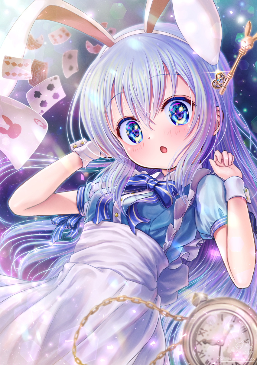 2022 :o alice_(alice_in_wonderland) alice_(alice_in_wonderland)_(cosplay) alice_in_wonderland animal_ears apron blue_bow blue_eyes blue_hair blue_shirt blush bow card colored_eyelashes commentary_request cosplay cowboy_shot dated fake_animal_ears floating_hair glint gochuumon_wa_usagi_desu_ka? hair_between_eyes hands_up highres kafuu_chino key light_particles long_hair looking_at_viewer open_mouth partial_commentary playing_card pocket_watch puffy_short_sleeves puffy_sleeves rabbit_ears rouge_(my_rouge) shirt short_sleeves signature simple_background straight_hair tareme twitter_username upper_body very_long_hair watch white_apron white_wrist_cuffs wrist_cuffs
