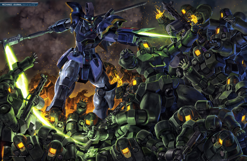 absurdres arm_up beam_scythe embers glowing glowing_eyes green_eyes gun gundam gundam_deathscythe gundam_wing highres holding holding_gun holding_scythe holding_weapon kinoshita_tomotake leo_(mobile_suit) mecha mobile_suit no_humans open_hand outstretched_arms robot science_fiction scythe smoke sparks standing twisted_torso v-fin weapon wreckage