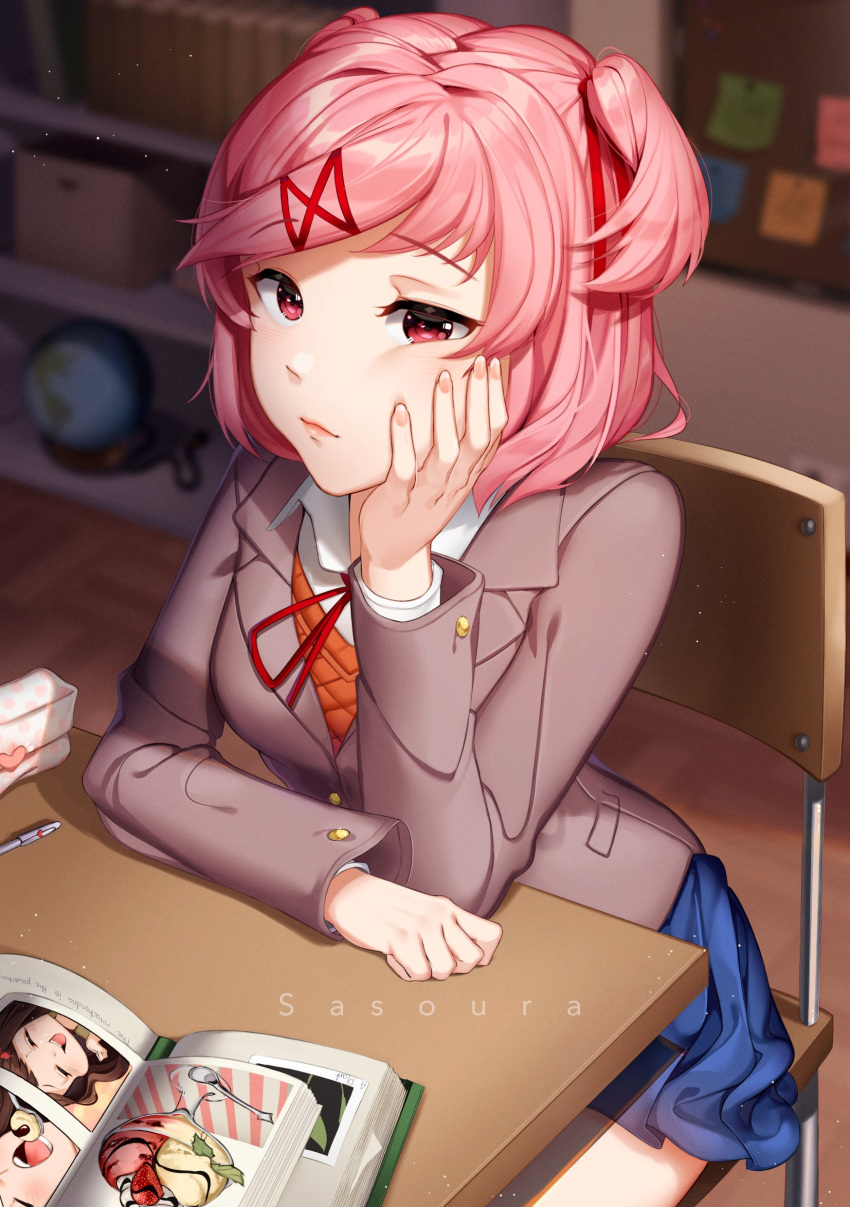 1girl absurdres arm_on_table artist_name blazer blue_skirt blurry blurry_background bob_cut book bookshelf bored box breasts brown_jacket brown_sweater_vest bulletin_board cardboard_box chair cheek_squash classroom closed_mouth depth_of_field desk doki_doki_literature_club dress_shirt elbow_rest globe hair_ornament hair_ribbon head_rest highres jacket light_particles looking_afar looking_ahead manga_(object) natsuki_(doki_doki_literature_club) on_chair open_book pencil pencil_case pink_hair pleated_skirt raised_eyebrows red_eyes red_ribbon ribbon sasoura school_chair school_desk school_uniform shirt short_hair sitting skirt small_breasts solo sweater_vest swept_bangs textbook two_side_up white_shirt x_hair_ornament