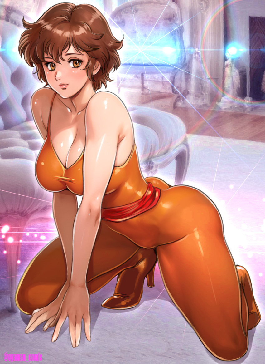 1girl artist_name bare_arms bare_shoulders breasts brown_eyes brown_hair cat's_eye cleavage closed_mouth collarbone commentary_request fingernails full_body high_heels highres kisugi_ai kneeling light_smile lips looking_at_viewer medium_breasts oyaman photo_background shiny_clothes shiny_skin short_hair skin_tight sleeveless unitard