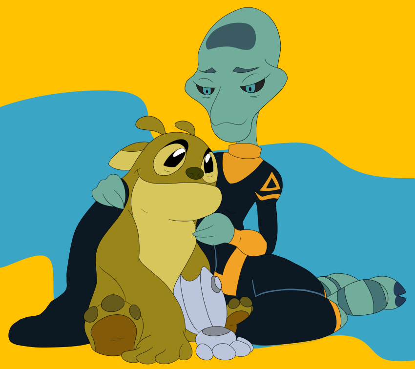 2020 3_toes absurd_res alien alien_humanoid anthro black_eyes black_sclera blue_eyes brown_nose by-nc cape clothed clothing clyde_(lilo_and_stitch) creative_commons cybernetic_arm disney duo embracing experiment_(lilo_and_stitch) facial_markings female flat_colors forehead_markings glistening glistening_eyes grand_councilwoman head_markings hi_res hindpaw humanoid kajabuubuu lilo_and_stitch looking_at_another male male/female markings paws robotic_arm simple_background sitting smile toes