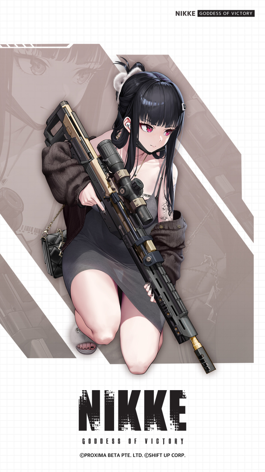 1girl arm_tattoo artist_request bag barcode barcode_tattoo black_hair black_nails blunt_bangs breast_tattoo breasts butterfly_tattoo closed_mouth copyright_name covered_navel d_(killer_wife)_(nikke) d_(nikke) dress full_body goddess_of_victory:_nikke grey_dress gun hair_ornament hairclip handbag highres holding holding_gun holding_weapon jewelry large_breasts long_hair mask mouth_mask nail_polish necklace official_alternate_costume official_art pink_eyes rifle sandals scope second-party_source sleeveless sleeveless_dress smile sniper_rifle squatting standing tattoo toenail_polish toenails underwear weapon wide_hips