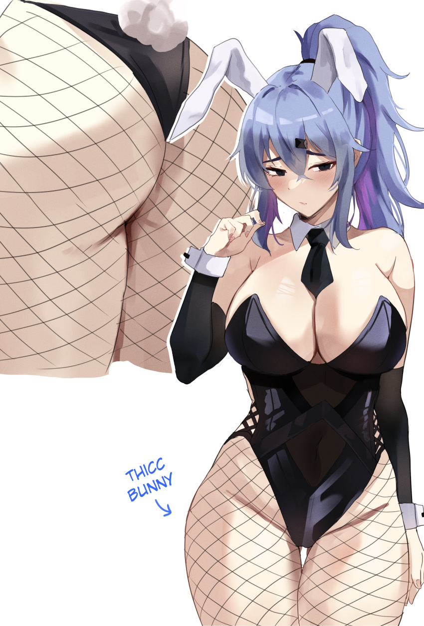 1girl absurdres animal_ears animeattics arrow_(symbol) ass bare_shoulders black_eyes black_leotard black_necktie blue_hair breasts cleavage closed_mouth detached_collar detached_sleeves english_commentary english_text fake_animal_ears fake_tail fishnet_pantyhose fishnets hair_between_eyes hand_up high_ponytail highres large_breasts leotard long_hair long_sleeves multiple_views necktie original pantyhose playboy_bunny rabbit_ears rabbit_tail saki_(the_atko) simple_background tail thigh_gap white_background