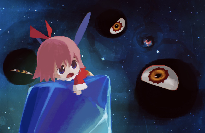 1girl blue_eyes commentary_request crystal dark_matter_(kirby) dress fairy fairy_wings flying hair_between_eyes hair_ribbon highres holding_crystal kirby_(series) kirby_64 long_sleeves looking_at_another looking_back one-eyed open_mouth pink_hair planet red_dress red_ribbon ribbon ribbon_(kirby) ripple_star short_hair space star_(sky) star_(symbol) suyasuyabi wings yellow_eyes