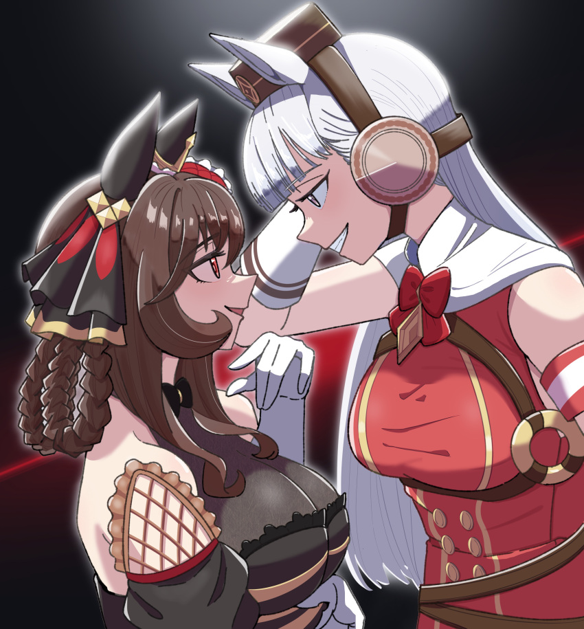 2girls absurdres arm_up armband belt black_background blunt_bangs braided_hair_rings breasts brown_belt brown_hair dress ear_covers ear_ornament ear_ribbon eye_contact face-to-face from_side gentildonna_(umamusume) gloves gold_ship_(umamusume) grey_hair grin hair_between_eyes highres horse_girl hu-min_(okok6341) large_breasts long_hair looking_at_another multiple_girls o-ring pillbox_hat profile red_armband red_background red_dress smile umamusume upper_body white_armband white_gloves