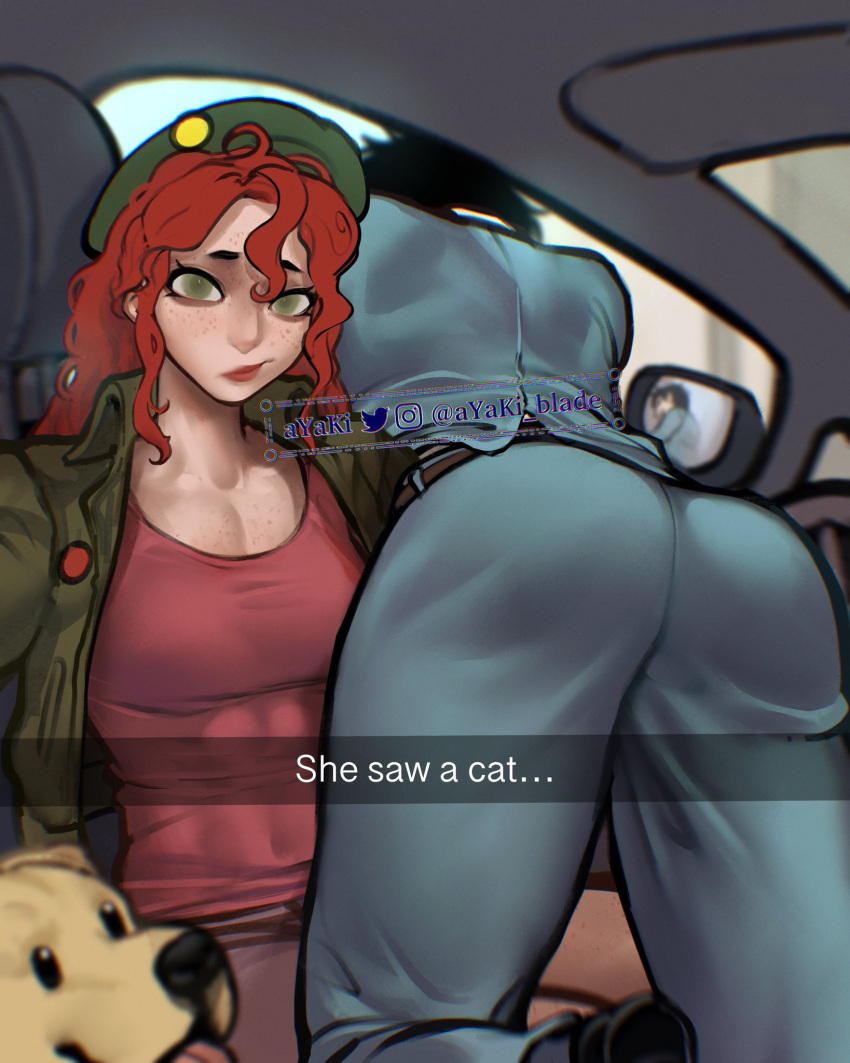 2girls abs aqua_pants ass ayaki_blade beret breasts car_interior collarbone commentary_request covered_navel dog english_text freckles green_headwear green_jacket hat highres instagram_username jacket large_breasts looking_at_viewer multiple_girls muscular muscular_female original pants red_hair red_tank_top reflection selfie smile tank_top twitter_username