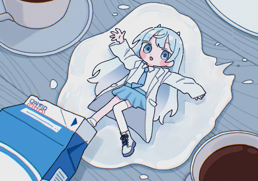 1girl 1nupool :o ahoge blue_eyes blue_hair blue_necktie blue_skirt blue_theme blush_stickers boots chibi coat coffee cream fallen_down gradient_hair highres knees_together_feet_apart lab_coat lying milk milk_carton mini_person minigirl multicolored_hair necktie on_back open_clothes open_coat original personification single_thighhigh skirt solo spill spilled_milk table thighhighs white_coat white_footwear white_thighhighs