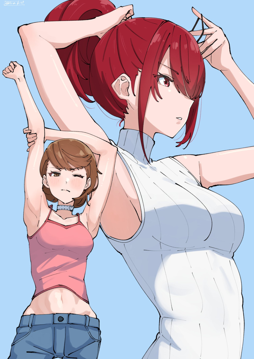 2girls arm_up armpits bare_arms bare_shoulders blue_background blue_pants blush breasts brown_eyes brown_hair camisole choker collarbone cowboy_shot hair_over_one_eye heart heart_choker highres hizikit holding_hair_tie holding_own_hair kirijou_mitsuru medium_breasts midriff midriff_peek multiple_girls official_alternate_costume one_eye_closed outstretched_arm pants parted_lips persona persona_3 persona_3_reload pink_camisole red_eyes red_hair ribbed_sweater short_hair sleeveless sleeveless_turtleneck spaghetti_strap stretching sweater swept_bangs takeba_yukari turtleneck turtleneck_sweater upper_body white_choker white_sweater