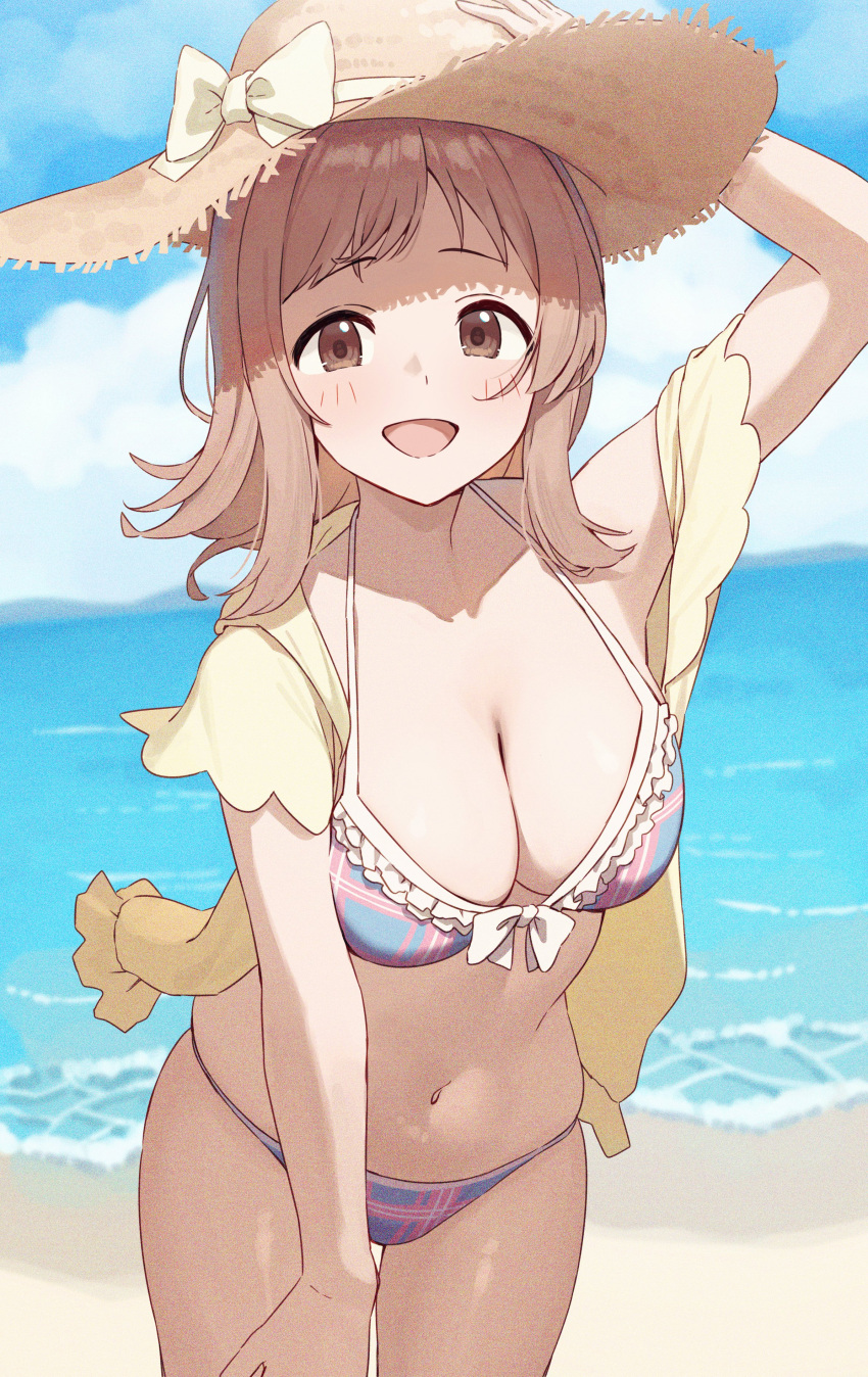 1girl absurdres arms_up beach bikini blue_bikini blue_sky bow breasts brown_eyes brown_hair cleavage cloud cloudy_sky commentary_request hat hat_bow highres horizon idolmaster idolmaster_shiny_colors jacket large_breasts leaning_forward looking_back multicolored_bikini multicolored_clothes navel ocean open_clothes open_jacket open_mouth outdoors sakuragi_mano short_hair short_sleeves skindentation sky smile solo stomach straw_hat sun_hat swimsuit wanimaru yellow_bow yellow_jacket