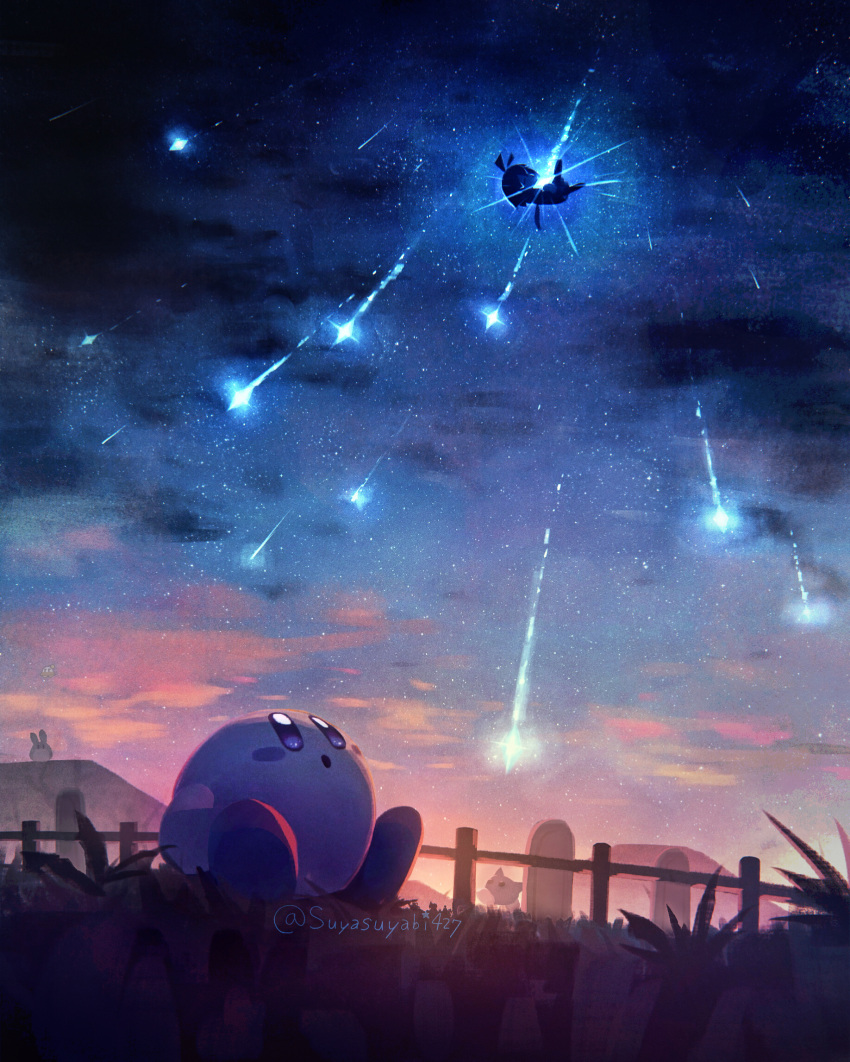 1girl :o artist_name blue_eyes blush blush_stickers cloud commentary_request crystal_shard dawn dress fairy fairy_wings falling fence grass hair_ribbon hataraku_ufo highres hill jobski kirby kirby_(series) kirby_64 looking_up meteor_shower n-z no_humans on_grass open_mouth outdoors polof ribbon ribbon_(kirby) short_hair sitting sky star_(sky) star_(symbol) starry_sky suyasuyabi twilight twitter_username ufo wings wooden_fence