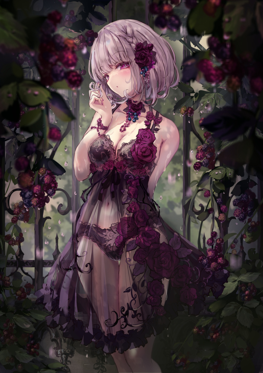 1girl :o arm_behind_back armpit_crease babydoll bare_shoulders black_babydoll black_bow black_panties black_ribbon blush bob_cut bow breasts cleavage collarbone day feet_out_of_frame flower forest frilled_panties frills hair_bow hand_up highres holding_own_hair large_breasts long_bangs looking_at_viewer medium_hair missile228 nature navel neck_ribbon original outdoors panties parted_lips pink_eyes pink_hair plant purple_flower purple_rose ribbon rose see-through_babydoll solo stomach tree underwear