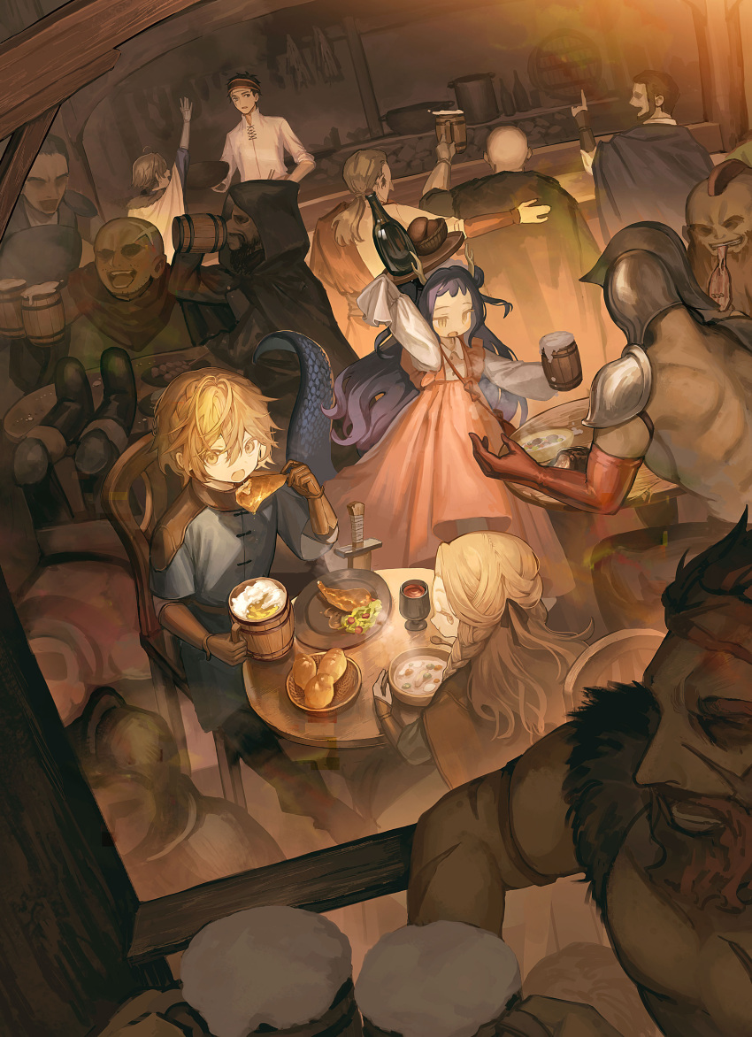 2girls 6+boys absurdres alcohol beard beer beer_mug blonde_hair brown_hair child commentary_request copyright_request cover cup dragon_girl dragon_horns dragon_tail dress drinking eating facial_hair fantasy food highres horns indoors kururi long_hair looking_at_another mug multiple_boys multiple_girls multiple_scars novel_illustration official_art open_mouth purple_hair scar short_hair sitting slit_pupils soup standing steam table tail tankard tavern topless_male tray tunic yellow_eyes