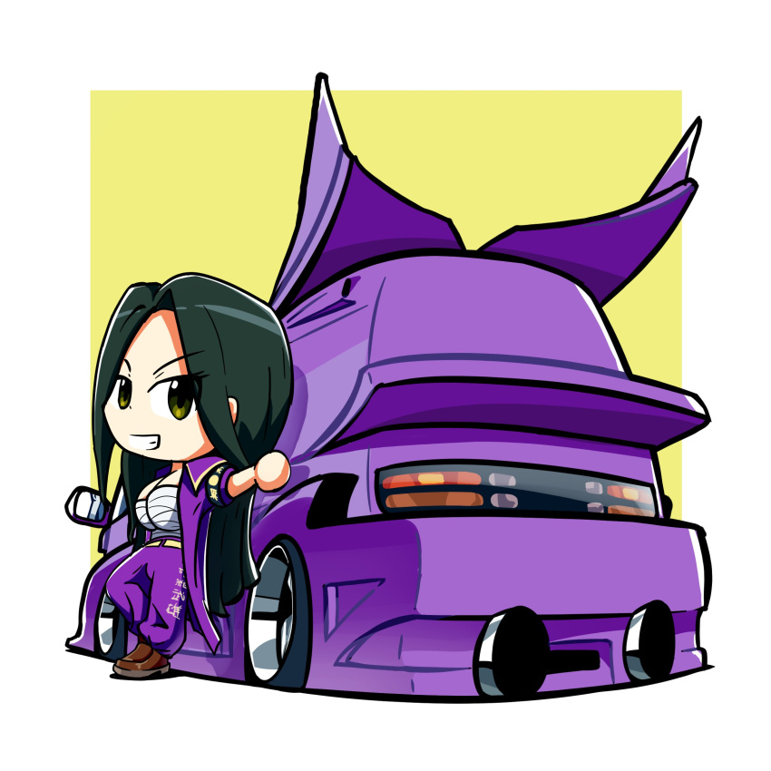 1girl absurdres black_hair bousouzoku brown_eyes brown_footwear chest_sarashi chibi delinquent duz english_commentary hair_behind_ear highres idolmaster idolmaster_cinderella_girls jacket long_hair looking_at_viewer motor_vehicle mukai_takumi pants purple_jacket purple_pants sarashi shoes smile solo toyota toyota_hiace van vehicle_focus very_long_hair