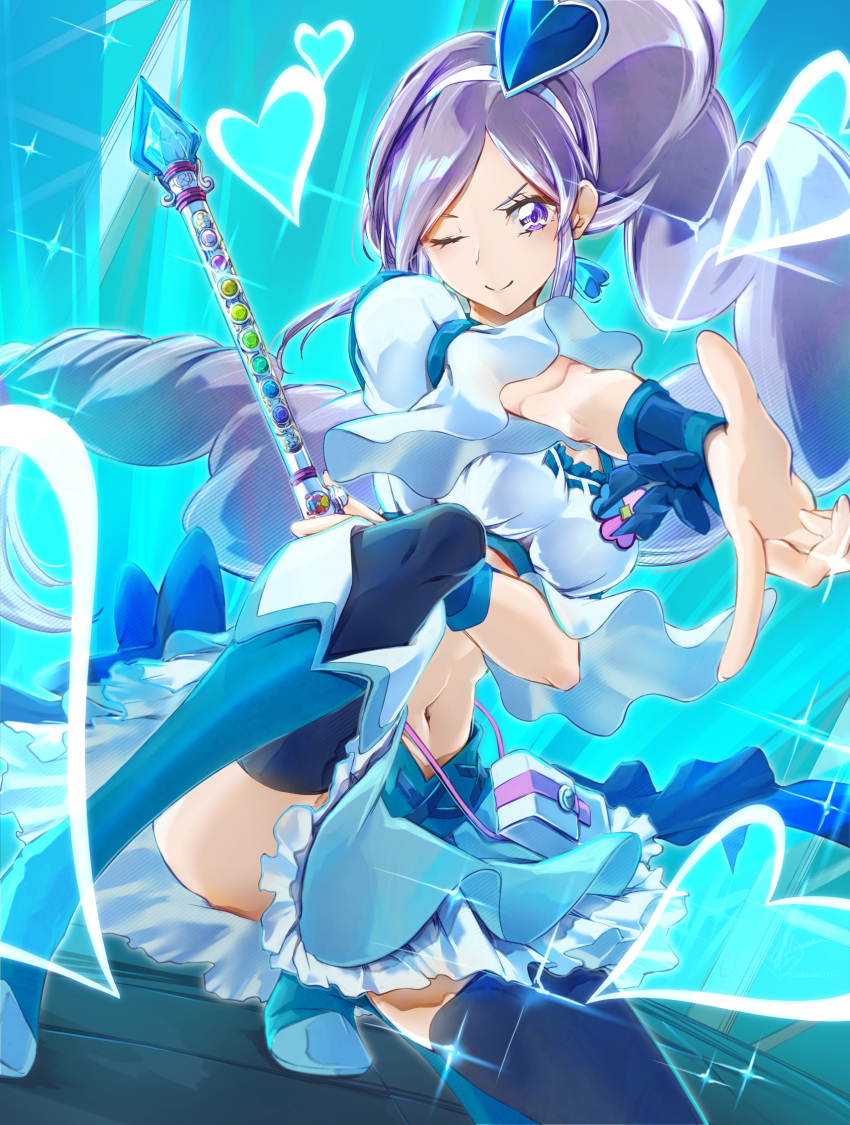 1girl aono_miki berry_sword black_thighhighs blue_choker blue_eyes blue_footwear blue_hair blue_skirt boots brooch choker clear_glass_(mildmild1311) commentary_request cure_berry drill_hair drill_ponytail earrings eyelashes fresh_precure! frilled_skirt frilled_sleeves frills hair_ornament hairband happy heart heart_brooch heart_hair_ornament high_heel_boots high_heels high_ponytail high_side_ponytail highres jewelry knee_boots long_hair looking_at_viewer magical_girl midriff navel one_eye_closed ponytail pouch precure puffy_short_sleeves puffy_sleeves purple_arm_warmers purple_hair short_sleeves side_ponytail skirt smile solo thighhighs thighs very_long_hair wand wrist_cuffs