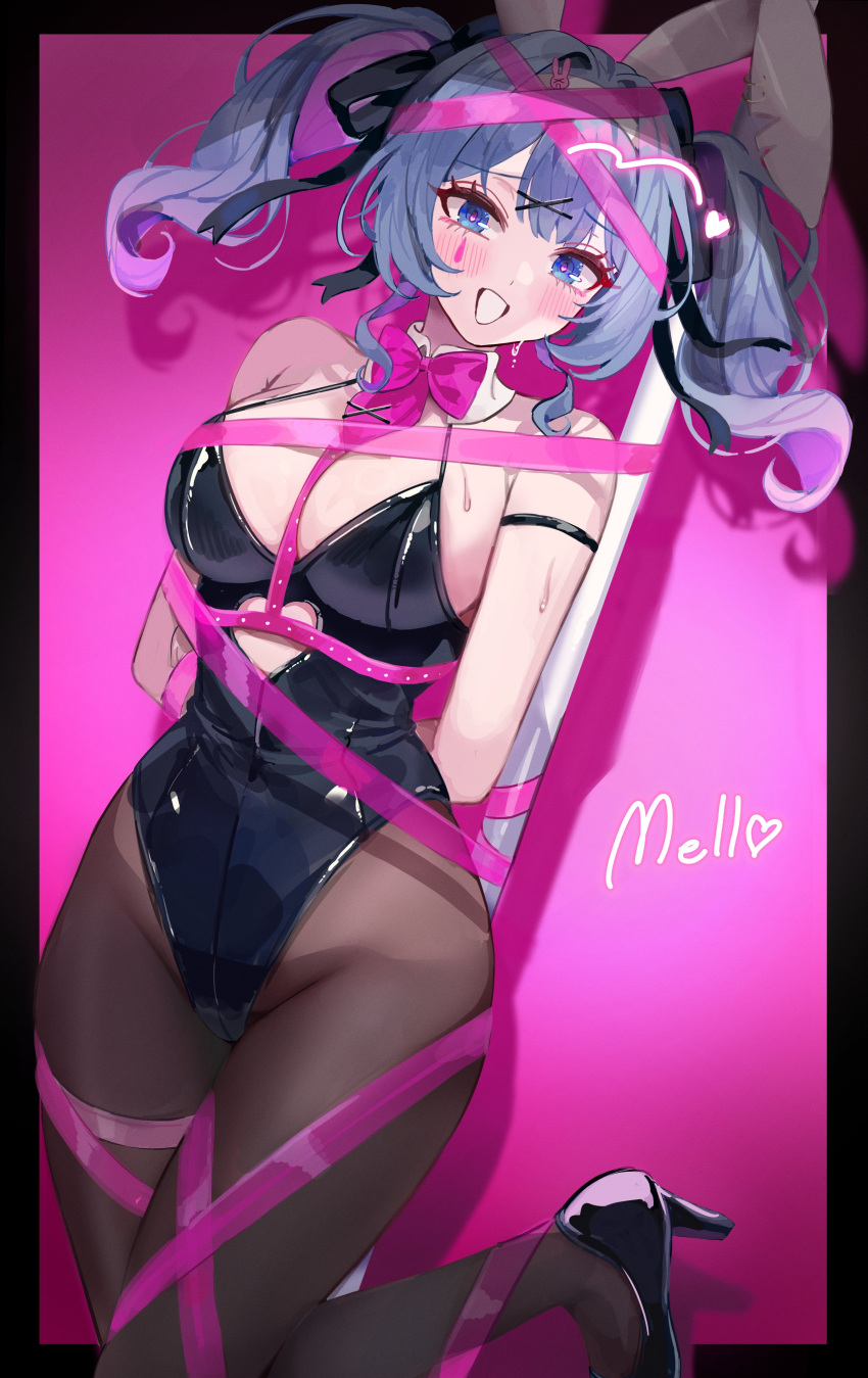 1girl :d absurdres arm_strap black_footwear black_leotard black_pantyhose black_ribbon blue_eyes blue_hair bound bow bowtie breasts choppy_bangs cleavage cropped_legs detached_collar double-parted_bangs facial_tattoo hair_ornament hair_ribbon hairclip hatsune_miku high_heels highres large_breasts leotard looking_at_viewer mell_(dmwe3537) pantyhose pink_background pink_bow pink_bowtie pink_pupils pole rabbit_hole_(vocaloid) ribbon shadow sidelocks simple_background smile sweat tattoo tied_up_(nonsexual) twintails wavy_hair