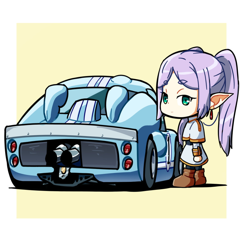 1girl absurdres black_pantyhose boots border brown_footwear car chibi duz earrings expressionless ford ford_gt40 frieren green_eyes hair_behind_ear highres jacket jewelry looking_at_viewer motor_vehicle outside_border pantyhose parted_bangs pointy_ears purple_hair race_vehicle racecar shadow skirt solo sousou_no_frieren twintails vehicle_focus white_border white_jacket white_skirt world_sportscar_championship yellow_background