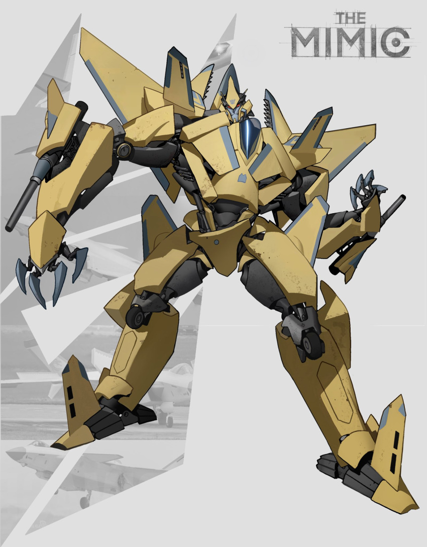 arm_cannon bad_id bad_twitter_id decepticon dirge_(transformers) full_body head_tilt highres kamitoge_supino mecha no_humans red_eyes redesign robot science_fiction solo standing transformers weapon