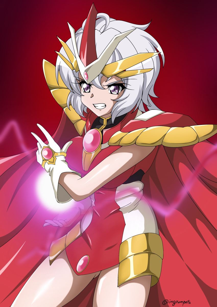 1girl absurdres armor breasts cape cosplay cowlick dress gloves highres kyomeihibiki long_hair low_twintails magic magic_knight_rayearth medium_breasts open_hand parted_lips pauldrons red_background red_cape red_dress senki_zesshou_symphogear shidou_hikaru shidou_hikaru_(cosplay) short_dress shoulder_armor solo twintails twitter_username v-fin v-shaped_eyebrows white_gloves white_hair yukine_chris