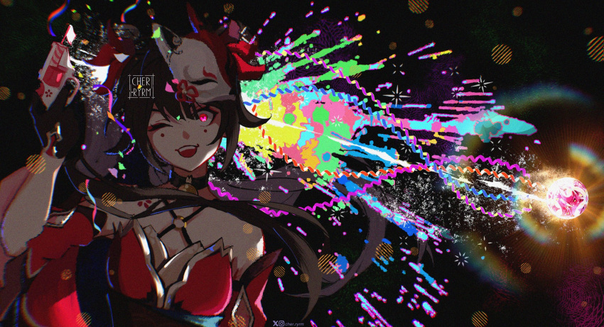 1girl :d arm_at_side bare_shoulders bell black_choker black_gloves bow breasts brown_hair choker cleavage criss-cross_halter dress floating_hair fox_mask gloves glowing glowing_eye gun hair_bow halterneck highres holding holding_gun holding_weapon honkai:_star_rail honkai_(series) large_breasts long_hair looking_at_viewer mask mask_on_head neck_bell o-ring obi one_eye_closed open_mouth pink_eyes red_bow red_dress revolver ryrmcher sash sidelocks sleeveless sleeveless_dress smile snubnosed_revolver solo sparkle_(honkai:_star_rail) straight-on teeth toy_gun twintails upper_body upper_teeth_only weapon