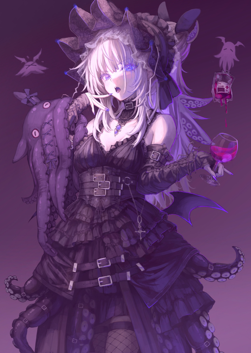 1girl bare_shoulders belt black_dress blood blue_eyes blush bonnet breasts corset cup detached_collar dress elbow_gloves fishnet_pantyhose fishnets frilled_dress frills gloves goth_fashion gothic_lolita hairband highres holding holding_cup lolita_fashion lolita_hairband long_hair looking_at_viewer octopus open_mouth original osobachan pantyhose purple_background simple_background small_breasts solo tentacles tentacles_under_clothes vampire