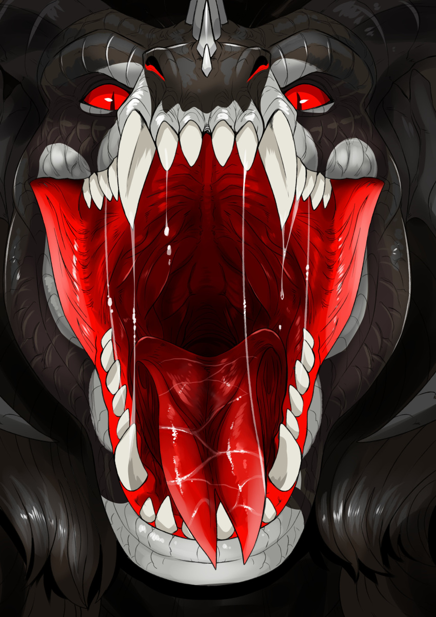 absurd_res ambiguous_form ambiguous_gender bodily_fluids brown_body brown_scales dragon forked_tongue front_view glistening glistening_eyes hi_res imperatorcaesar looking_at_viewer markings mouth_shot mythological_creature mythological_scalie mythology open_mouth pupils red_eyes red_tongue saliva saliva_string scales scalie sharp_teeth slit_pupils solo teeth tongue tongue_out white_markings