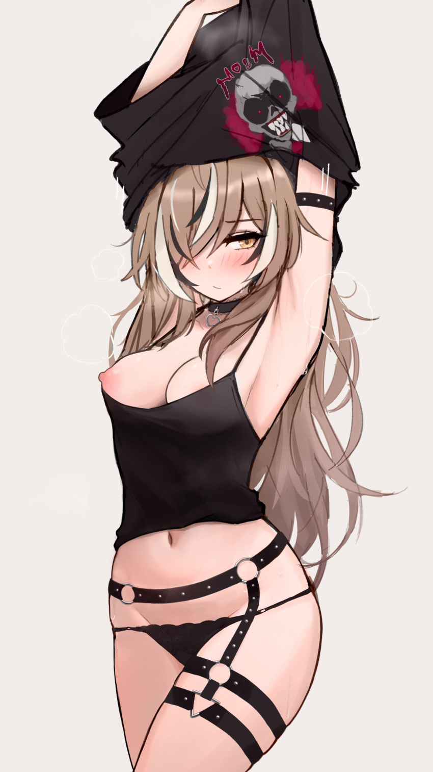 1girl absurdres armband armpits arms_up black_armband black_camisole black_garter_belt black_garter_straps black_hair black_panties black_shirt blush breasts brown_hair camisole cleavage clothes_lift commentary cowboy_shot garter_belt garter_straps hair_over_one_eye highres hololive hololive_english large_breasts lifted_by_self long_hair m_r_b multicolored_hair nanashi_mumei nanashi_mumei_(emo) nightmare_(nanashi_mumei) nipples o-ring o-ring_garter_belt o-ring_thigh_strap one_breast_out open_mouth panties shirt shirt_lift simple_background solo streaked_hair thigh_strap underwear undressing virtual_youtuber white_background white_hair yellow_eyes