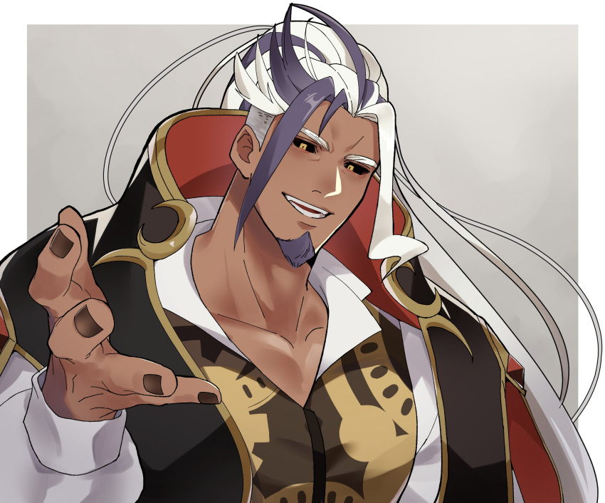 1boy absurdres bara beckoning black_nails black_sclera colored_sclera crave_saga dantalion_(crave_saga) dark-skinned_male dark_skin facial_hair goatee highres large_pectorals long_hair looking_at_viewer male_focus multicolored_hair offering_hand outstretched_hand pectoral_cleavage pectorals reaching reaching_towards_viewer solo streaked_hair thick_eyebrows undercut upper_body usuki_(usukine1go)