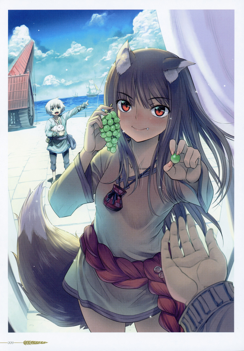 1boy 1girl absurdres animal_ears bangs black_pants blue_shirt bottomless brown_hair brown_shirt bunny closed_mouth collarbone eyebrows_visible_through_hair fang fang_out floating_hair food fruit highres holding holding_food holding_fruit holo index_finger_raised koume_keito long_hair long_sleeves looking_at_viewer naked_shirt ocean official_art outstretched_arm page_number pants pouch red_eyes scan ship shirt silver_hair smile spice_and_wolf tail tote_col very_long_hair watercraft wolf_ears wolf_girl wolf_tail
