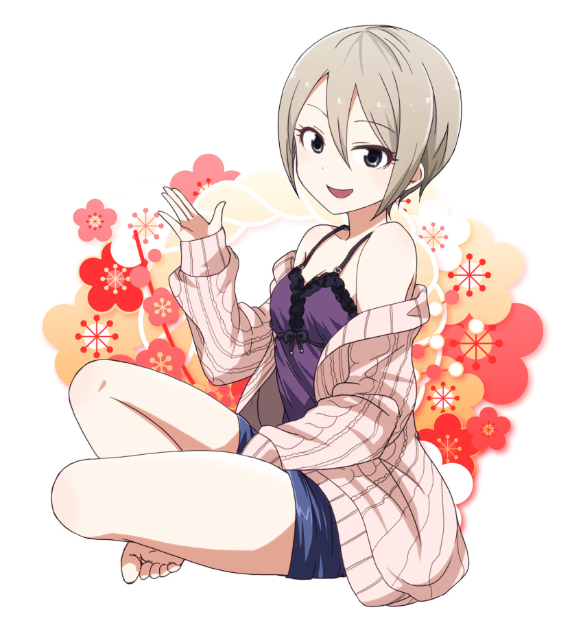 1girl bare_shoulders barefoot black_eyes blue_skirt blush breasts camisole cardigan cleavage dot_nose flower from_side full_body grey_hair hair_between_eyes hand_up highres idolmaster idolmaster_cinderella_girls idolmaster_cinderella_girls_starlight_stage indian_style kidachi long_sleeves looking_at_viewer medium_breasts miniskirt off_shoulder open_cardigan open_clothes open_mouth pencil_skirt pink_cardigan plum_blossoms purple_camisole shiomi_syuko short_hair sitting skirt sleeves_past_wrists smile solo