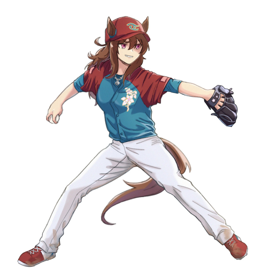 1girl animal_ears ball baseball baseball_(object) baseball_cap baseball_mitt baseball_uniform blue_jacket brown_hair ears_through_headwear hair_between_eyes hair_ornament hat highres holding holding_ball horse_ears horse_girl horse_tail jacket long_hair nakayama_festa_(umamusume) pants playing_sports purple_eyes red_hat seung-aeja shirt simple_background smile solo sportswear tail throwing umamusume white_background white_pants