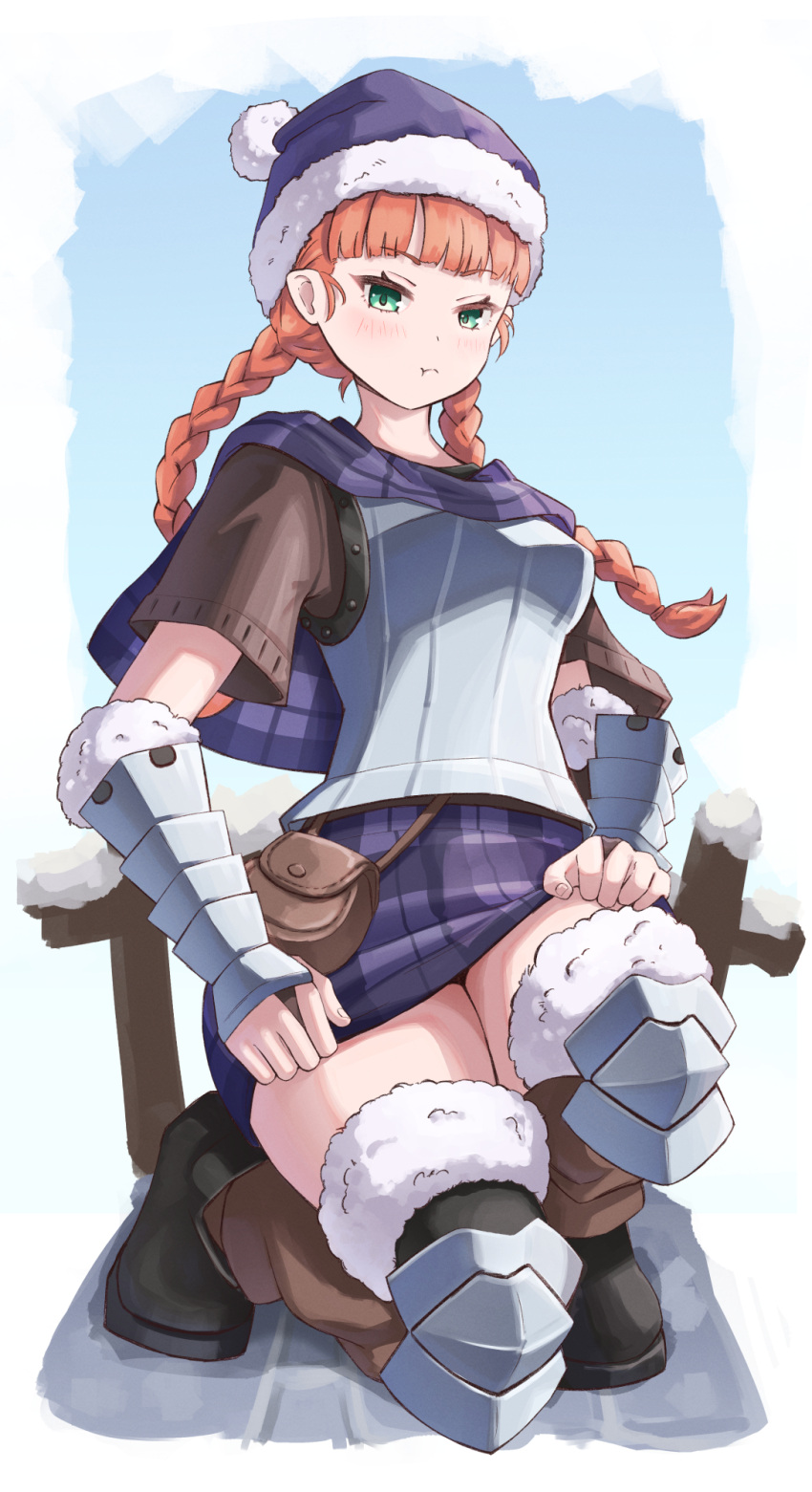 1girl aqua_eyes arm_guards armor black_thighhighs bobblehat braid breastplate capelet closed_mouth frown fur-trimmed_headwear fur-trimmed_legwear fur-trimmed_thighhighs fur_trim highres long_hair miniskirt on_one_knee orange_hair plaid plaid_capelet plaid_skirt pouch pout purple_capelet purple_hat purple_skirt scopedog_12 short_sleeves skirt solo thick_thighs thighhighs thighs twin_braids unicorn_overlord yunifi_(unicorn_overlord) zettai_ryouiki