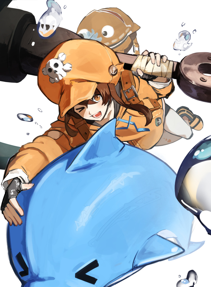 &gt;_&lt; 1girl absurdres anchor black_gloves blush brown_hair cabbie_hat dolphin fingerless_gloves gloves guilty_gear guilty_gear_strive hat hat_ornament highres holding holding_anchor hood hoodie long_hair long_sleeves looking_at_viewer may_(guilty_gear) mr._dolphin_(guilty_gear) one_eye_closed open_mouth orange_eyes orange_footwear orange_hat orange_hoodie osashimi_0343x skull_and_crossbones skull_hat_ornament smile