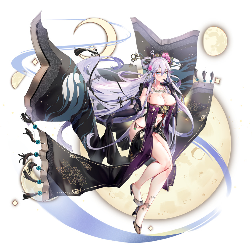 1girl aqua_eyes ark_order armpits bare_shoulders black_dress black_gloves breasts changxi_(ark_order) cleavage closed_mouth collarbone dress elbow_gloves finger_in_own_mouth floating floating_hair flower full_body full_moon gloves hair_between_eyes hair_flower hair_ornament hair_rings high_heels highres long_hair looking_at_viewer midriff mole mole_on_breast moon navel official_art panties purple_hair revealing_clothes side-tie_panties sidelocks solo tachi-e underwear very_long_hair you_ni_ge_shaobing