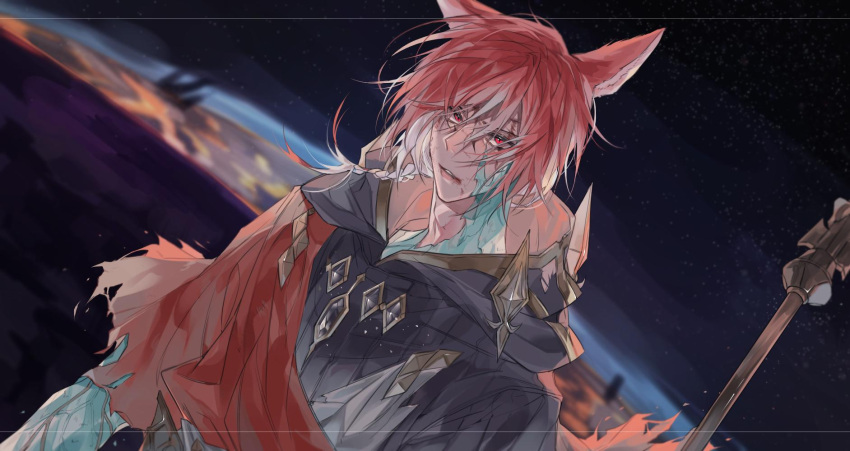 1boy cloak crystal_exarch dutch_angle final_fantasy final_fantasy_xiv g'raha_tia highres hood hooded_cloak looking_at_viewer male_focus material_growth miqo'te red_eyes red_hair scepter solo tladpwl03