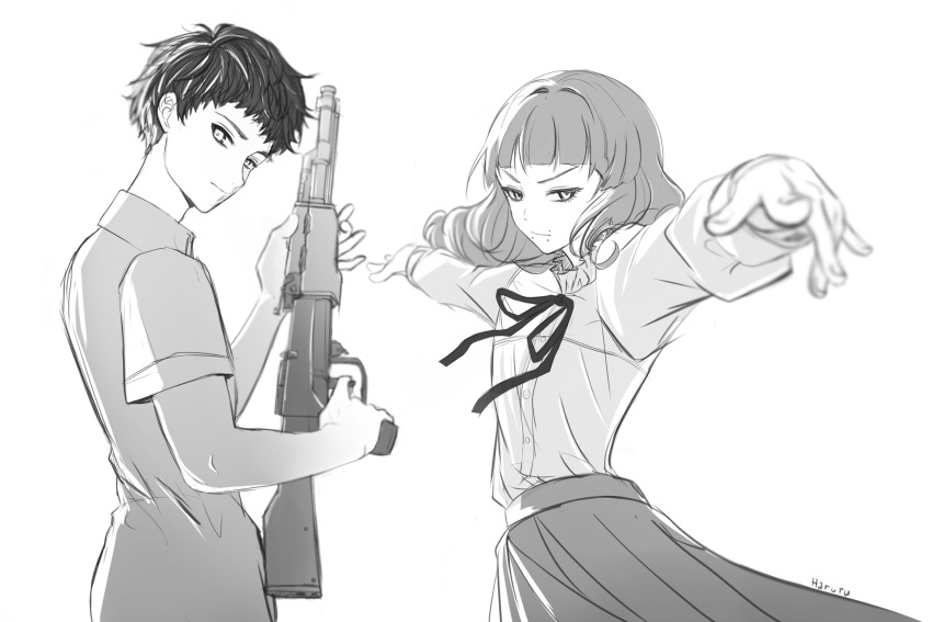 1boy 1girl fear_&amp;_hunger gun highres holding holding_gun holding_weapon levi_(fear_&amp;_hunger) long_hair long_skirt long_sleeves marina_(fear_&amp;_hunger) rifle shirt shirt_tucked_in short_hair simple_background skirt t-pose weapon