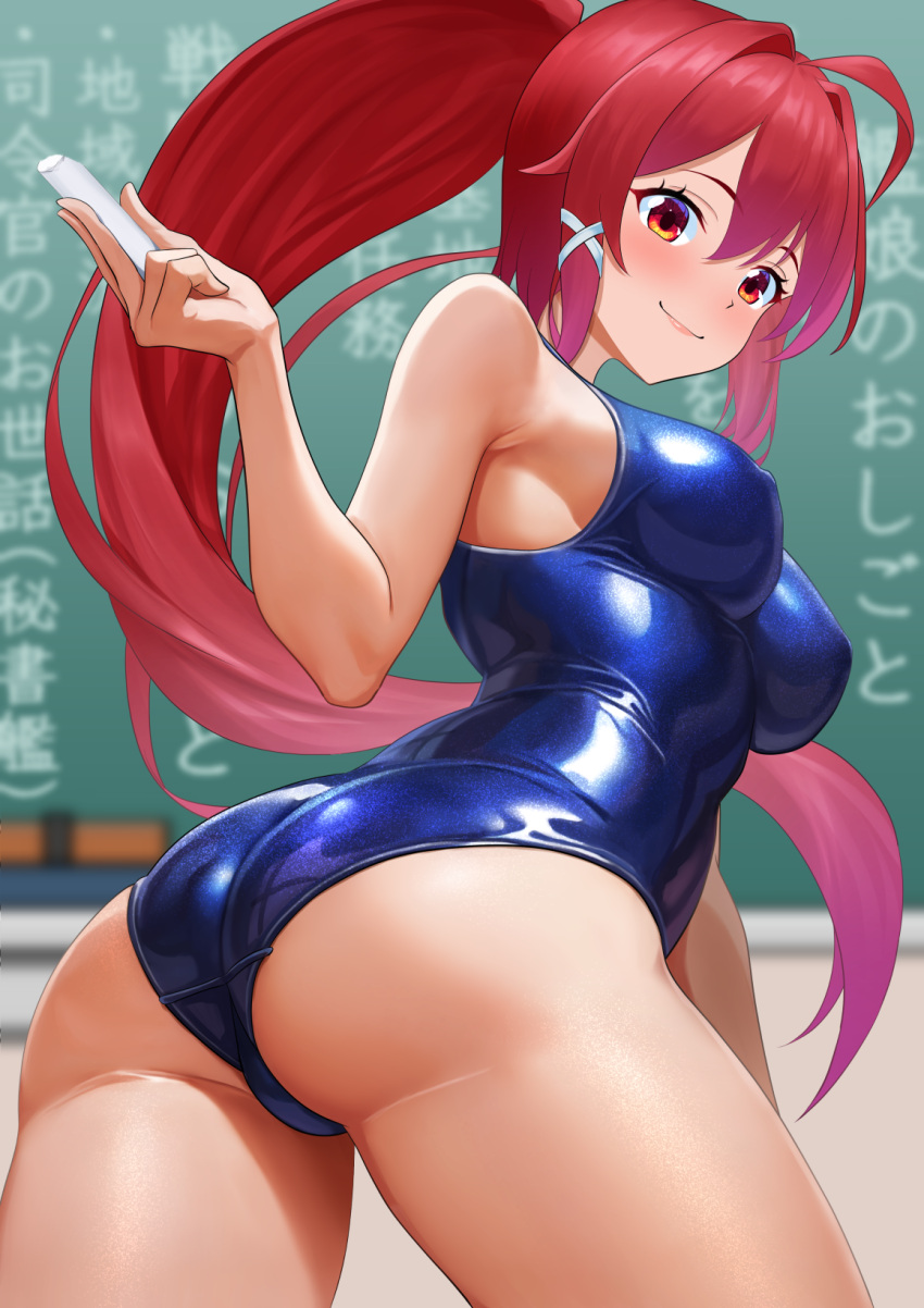 1girl armpits ass back blush breasts chalk chalkboard classroom dorachan_r hair_ribbon highres holding holding_chalk i-168_(kancolle) indoors kantai_collection long_hair looking_at_viewer looking_back medium_breasts one-piece_swimsuit ponytail red_eyes red_hair ribbon school_swimsuit smile solo swimsuit swimsuit_under_clothes