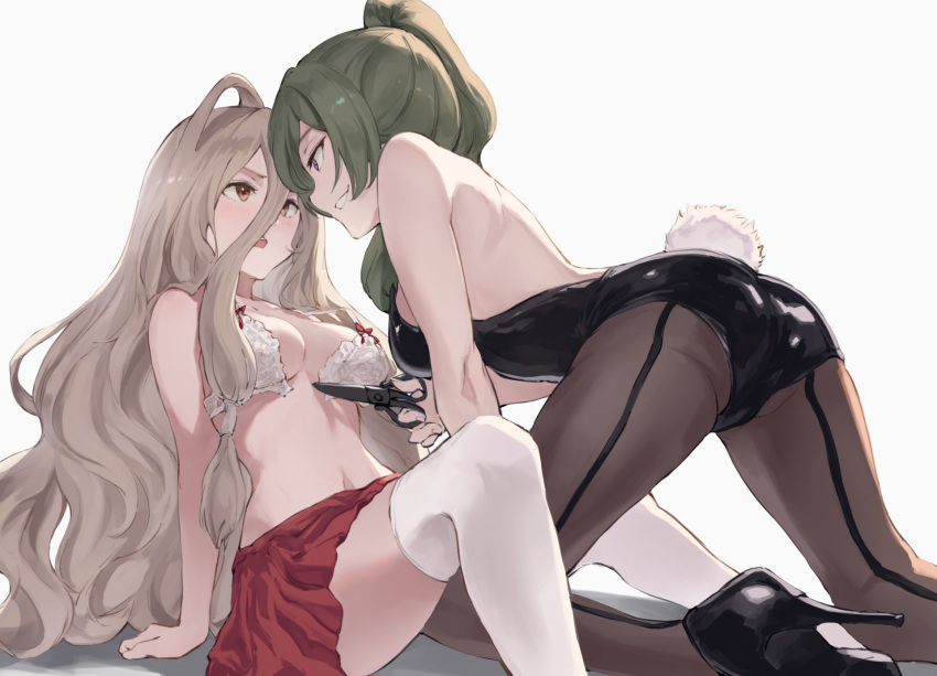 2girls all_fours alternate_costume ass backless_leotard black_footwear black_leotard black_pantyhose bra breasts brown_eyes brown_hair cutting_clothes english_commentary eye_contact fake_tail green_hair grey_background grin high_heels highleg highleg_leotard highres holding holding_scissors jojobirdz leotard long_hair long_hair_between_eyes looking_at_another medium_breasts multiple_girls pantyhose playboy_bunny purple_eyes rabbit_tail red_skirt scissors seamed_legwear sense_(sousou_no_frieren) side-seamed_legwear skirt smile sousou_no_frieren strapless strapless_leotard tail thighhighs ubel_(sousou_no_frieren) underwear very_long_hair white_bra white_thighhighs