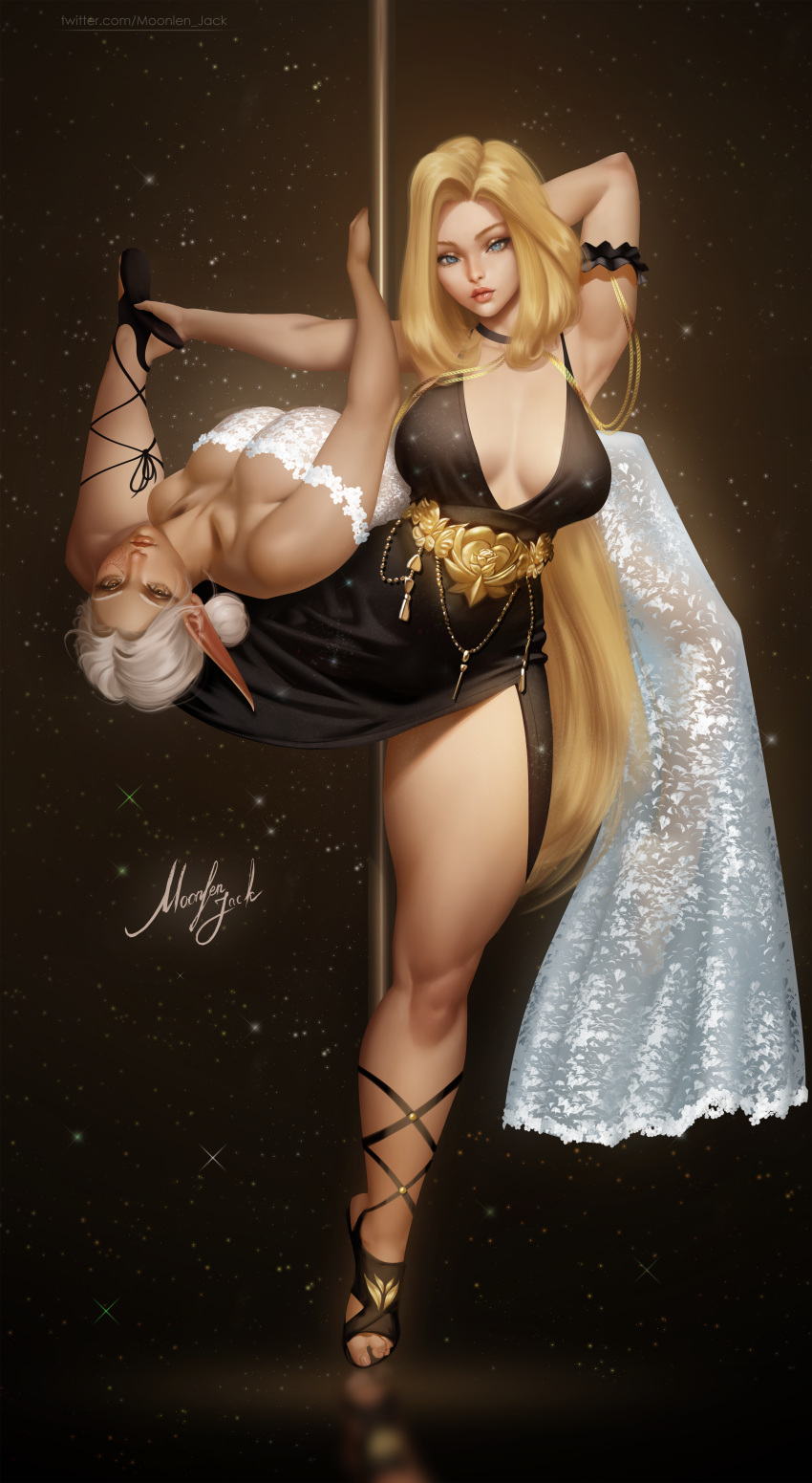 2girls absurdres black_choker black_dress blonde_hair blue_eyes breasts choker dark-skinned_female dark_skin dress facial_tattoo highres holding holding_own_foot holding_pole huge_breasts lips long_hair long_pointy_ears looking_at_viewer lying moonlen-jack multiple_girls on_back original pointy_ears pole pole_dancing strapless strapless_dress stripper_pole tattoo tiptoes white_dress white_hair yellow_eyes