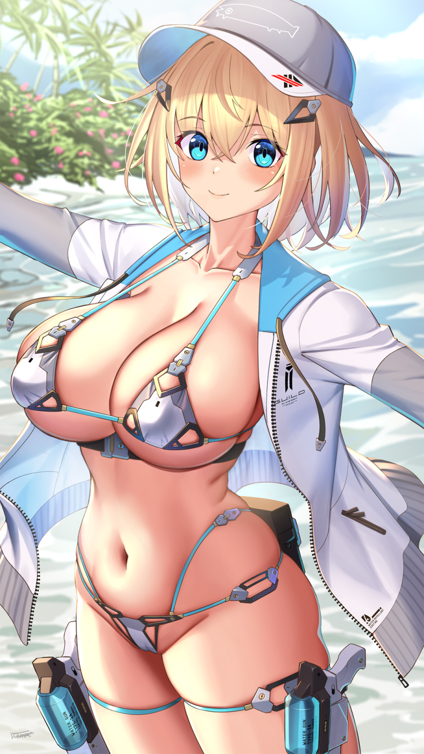1girl beach bikini blonde_hair blue_eyes blue_sky breasts cloud cloudy_sky gun hat highres light_blush light_smile looking_at_viewer ocean original outstretched_arms peaked_cap short_hair sky solo sophia_f_shirring spread_arms stomach swimsuit takamine_nadare thighs tree water water_gun weapon