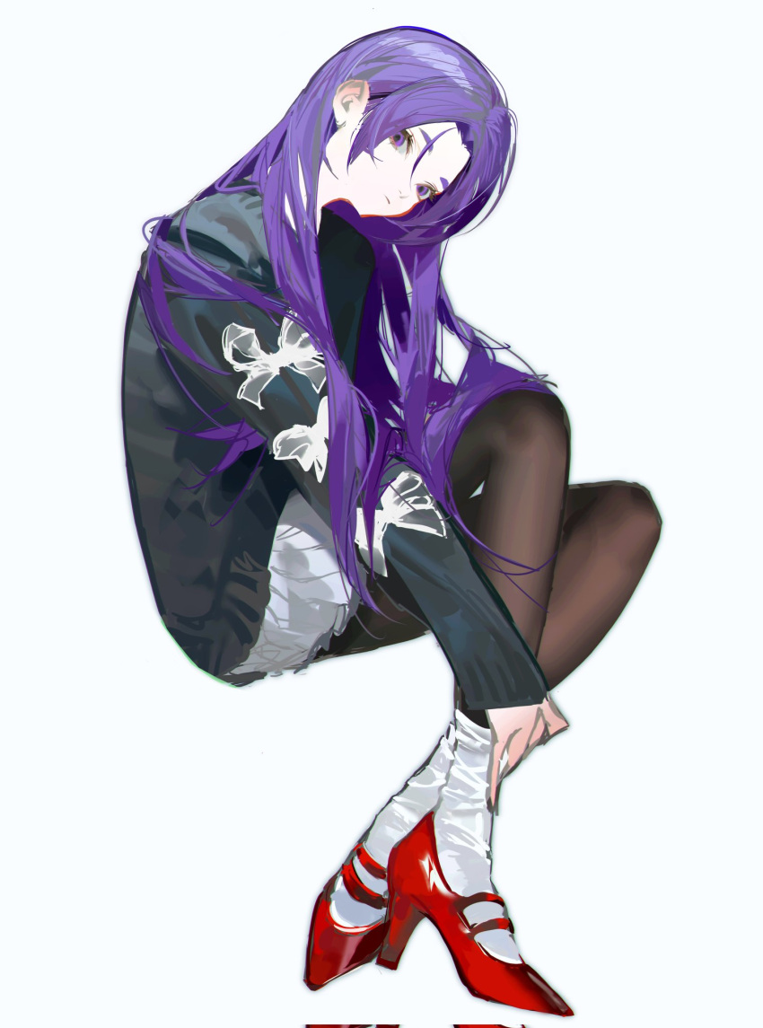 1girl black_pantyhose closed_mouth corrupted_twitter_file full_body high_heels highres leg_warmers long_hair long_sleeves looking_at_viewer miyu_(shiyemiyu) original pantyhose pleated_skirt purple_eyes purple_hair red_footwear shoes simple_background sitting skirt solo white_leg_warmers