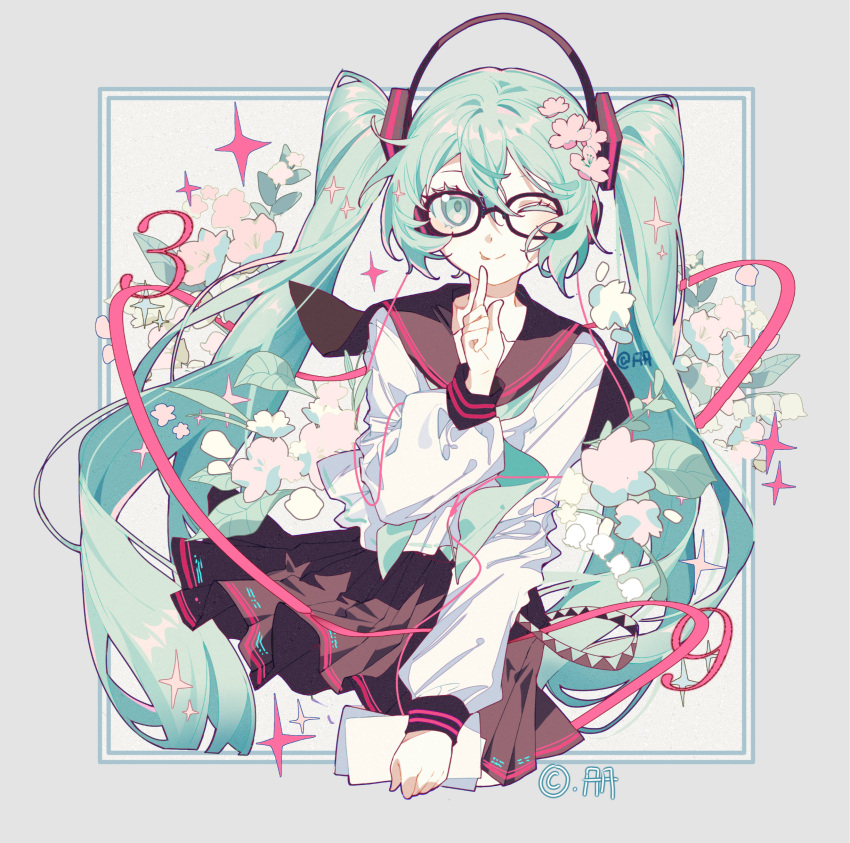 1girl ;p absurdres black-framed_eyewear black_skirt border cable cherry_blossoms chinese_commentary commentary_request cowboy_shot finger_to_own_chin floating_hair floral_background flower glasses green_eyes green_hair green_neckerchief grey_border hair_flower hair_ornament hatsune_miku headphones highres holding holding_paper index_finger_raised leaf long_hair long_sleeves looking_at_viewer neckerchief one_eye_closed outside_border paper pink_ribbon puffy_long_sleeves puffy_sleeves ribbon sailor_collar school_uniform serafuku shirt shuxue_lianxice skirt smile solo sparkle tongue tongue_out twintails vocaloid white_background white_flower white_shirt