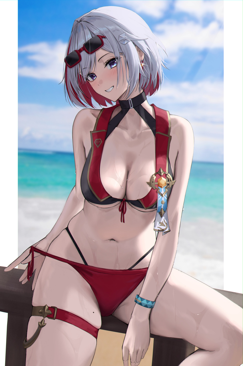 1girl absurdres alternate_costume bakemonsou bare_arms bare_shoulders beach bikini blue_eyes blurry blurry_background blush breasts cleavage collarbone colored_inner_hair day earrings eyewear_on_head grey_hair highres honkai:_star_rail honkai_(series) jewelry large_breasts looking_at_viewer mole mole_on_thigh multicolored_hair navel ocean outdoors paid_reward_available red_hair short_hair skindentation smile stomach strap_pull sunglasses swimsuit thigh_strap thighs topaz_(honkai:_star_rail) two-tone_hair underboob wet