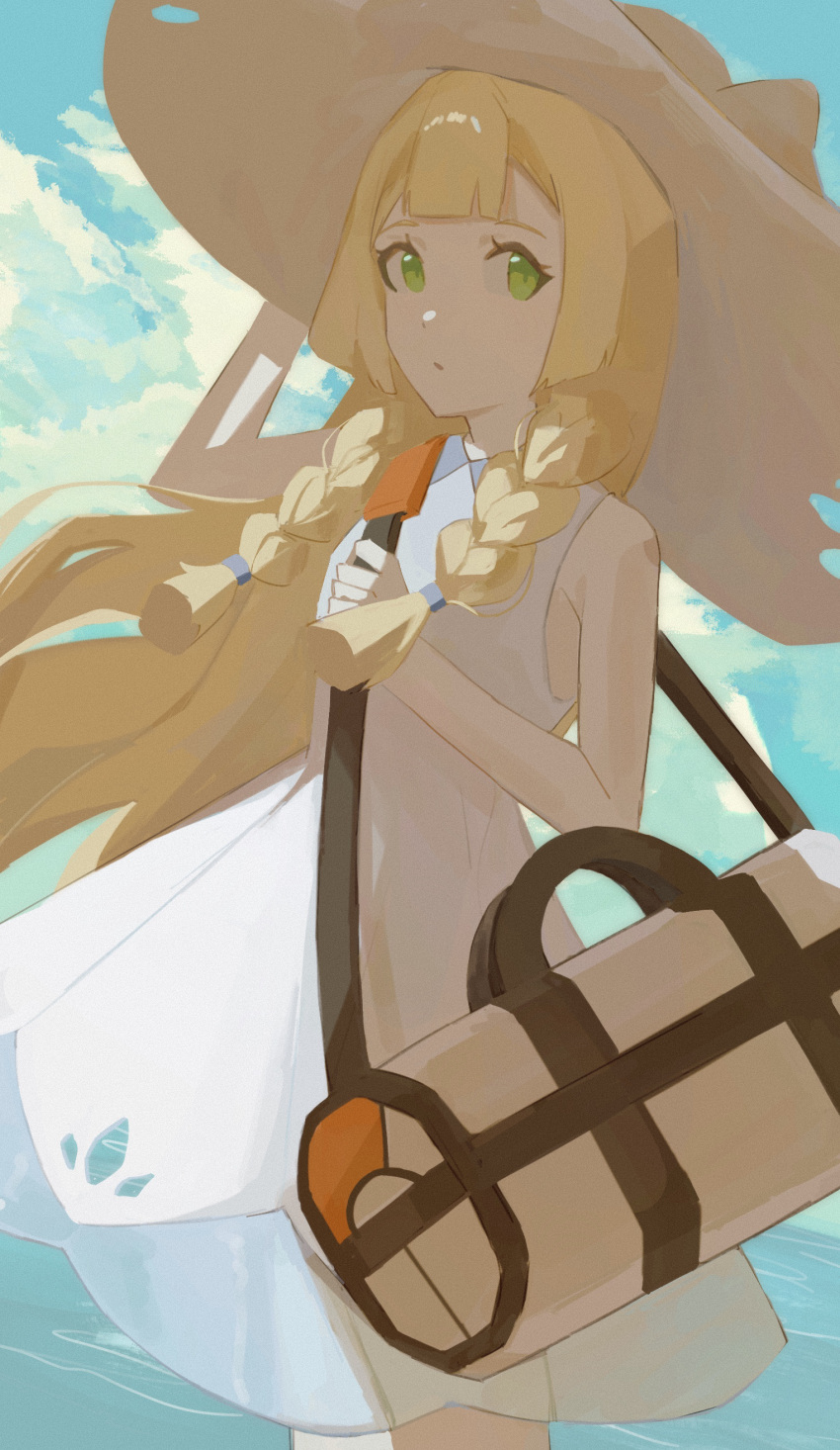 1girl absurdres bag blonde_hair braid closed_mouth cloud commentary_request day dress duffel_bag green_eyes hat highres holding_strap ka_doku lillie_(pokemon) long_hair looking_at_viewer outdoors pokemon pokemon_sm sky sleeveless sleeveless_dress solo sun_hat twin_braids white_dress