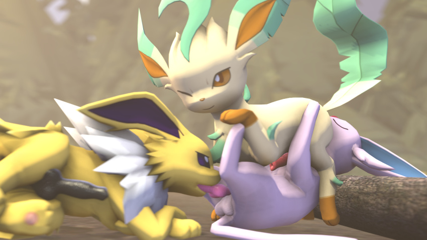 16:9 3d_(artwork) anal animal_genitalia animal_penis anthro balls digital_media_(artwork) eevee eeveelution espeon feral generation_1_pokemon generation_2_pokemon generation_4_pokemon genitals group hi_res jolteon leafeon male male/male nintendo oral pe penis pokemon pokemon_(species) sex source_filmmaker trio widescreen