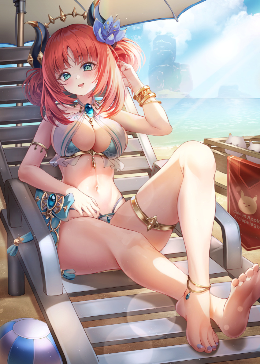 1girl absurdres armlet barefoot beach beach_chair bikini blue_sky blush bnari bracelet breasts brooch double_bun fake_horns genshin_impact green_eyes hair_bun hair_ornament highres horns jewelry large_breasts long_hair looking_at_viewer low_twintails nilou_(genshin_impact) open_mouth red_hair shore sidelocks sky smile solo swimsuit thighlet thighs twintails white_bikini