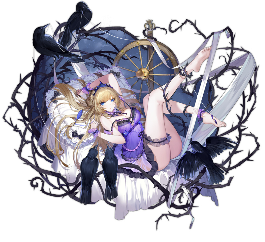 1girl ankle_cuffs ark_order babydoll bare_legs bare_shoulders barefoot bed_sheet bird black_bow blonde_hair blue_eyes bow breasts bridal_garter crow crown crystal flower full_body hair_bow hatoyama_itsuru large_breasts looking_at_viewer lying official_art on_back open_mouth pillow purple_babydoll rose sleeping_beauty sleeping_beauty_(ark_order) sleeping_beauty_(character) solo spindle spinning_wheel tachi-e thorns transparent_background white_flower white_rose wrist_cuffs