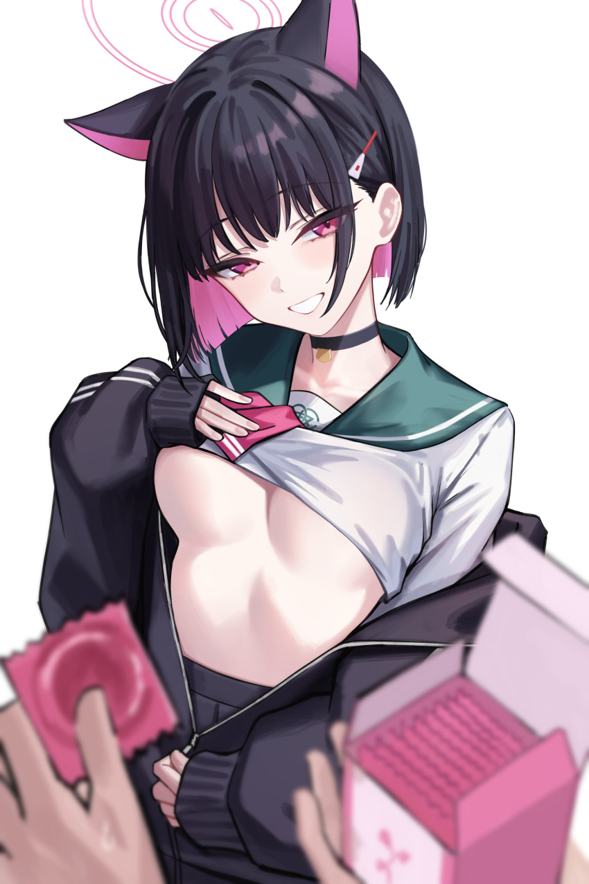 1girl absurdres aoi_riko black_choker black_hair black_jacket black_skirt blue_archive blunt_ends blurry blurry_foreground blush bob_cut breasts cat_choker choker clothes_lift collarbone colored_inner_hair commentary_request condom condom_box condom_wrapper extra_ears fingernails green_sailor_collar grin hair_behind_ear hair_ornament hairclip halo head_tilt highres jacket kazusa_(blue_archive) large_breasts lifted_by_self long_sleeves looking_at_viewer medium_hair multicolored_hair neckerchief open_clothes open_jacket pink_eyes pink_hair pink_halo pink_neckerchief sailor_collar school_uniform serafuku shirt_lift simple_background skirt sleeves_past_wrists smile solo_focus two-tone_hair underboob unzipping white_background white_serafuku