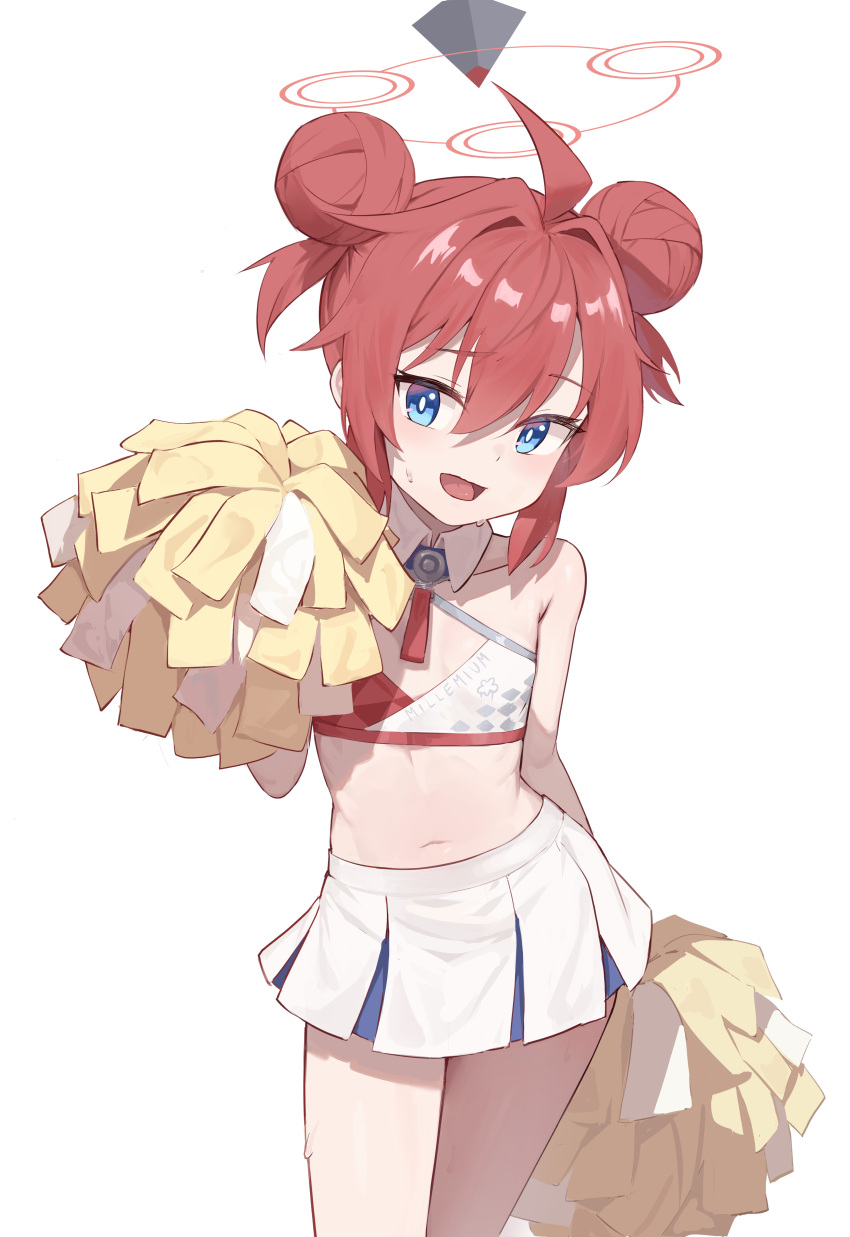 1girl absurdres ahoge blue_archive blue_eyes cheerleader crop_top detached_collar double_bun flat_chest hair_bun halo halterneck hand_up highres hirotaka0125 holding holding_pom_poms long_hair looking_at_viewer maki_(blue_archive) midriff millennium_cheerleader_outfit_(blue_archive) miniskirt navel open_mouth pleated_skirt pom_pom_(cheerleading) red_hair shirt simple_background skirt sleeveless sleeveless_shirt smile solo spaghetti_strap standing stomach sweat thighs white_background white_shirt white_skirt