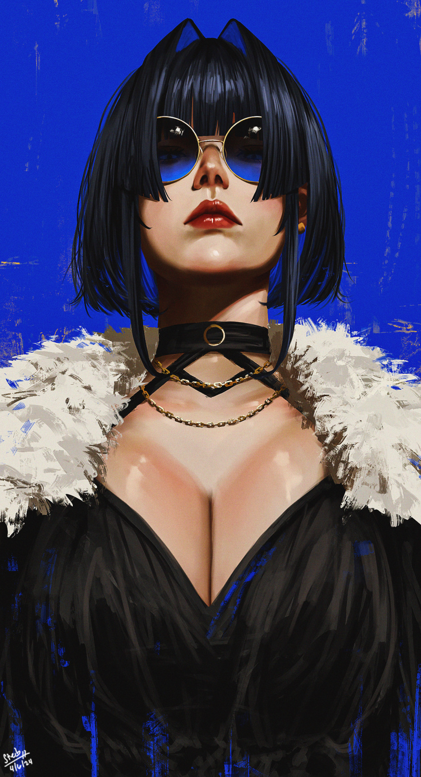 1girl alternate_costume black_dress black_hair blue_background blue_hair breasts chain_necklace dated dress fur-trimmed_jacket fur_trim highres holocouncil hololive hololive_english jacket jewelry large_breasts necklace ouro_kronii red_lips round_eyewear short_hair steb sunglasses tinted_eyewear virtual_youtuber