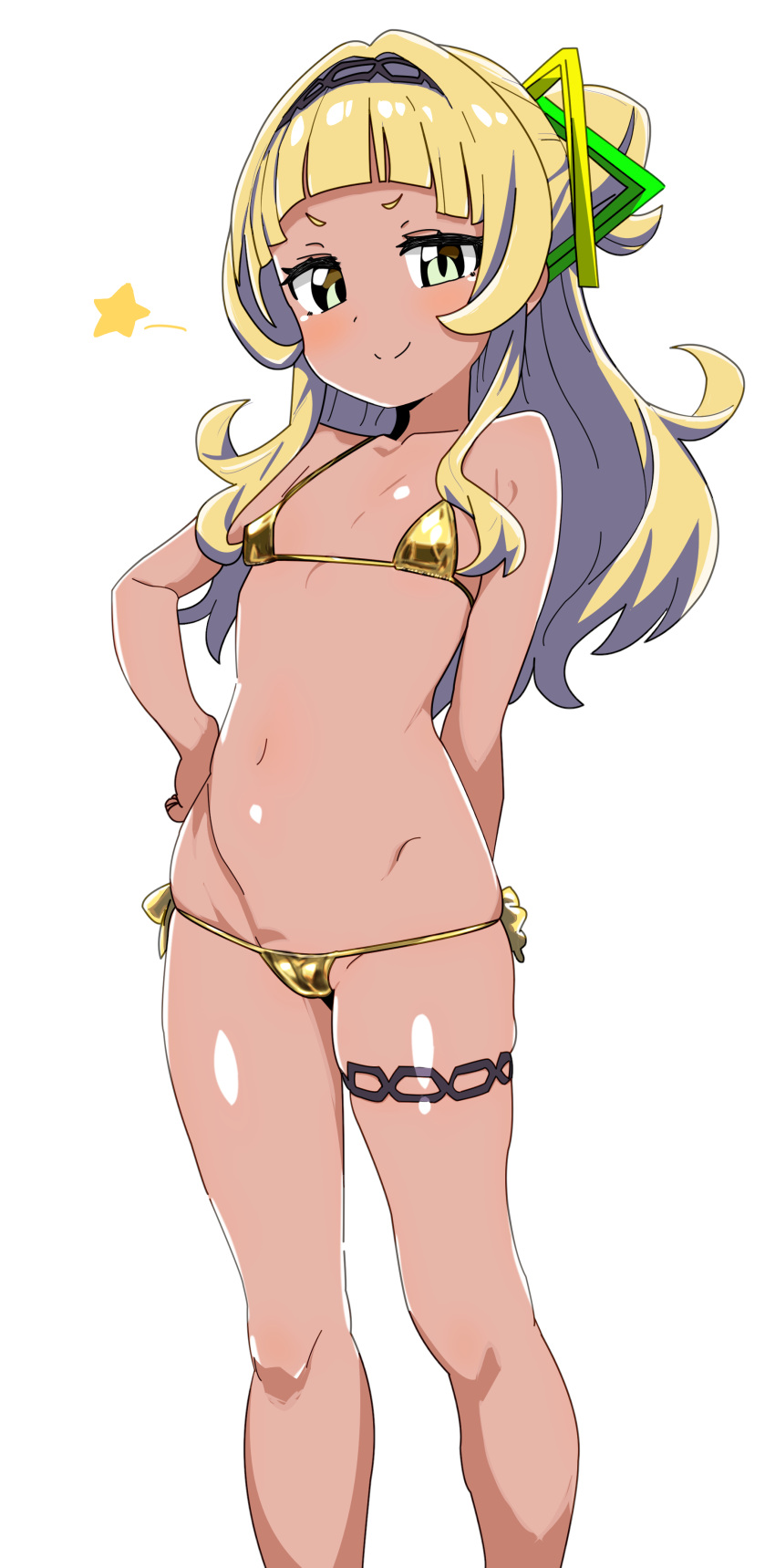 1girl absurdres alternate_hair_color arched_bangs arm_behind_back bikini blunt_bangs blush breasts closed_mouth dot_nose flat_chest gold_bikini grey_hair hair_bun hair_ornament hand_on_own_hip highres hololive iwano_kenta long_hair looking_at_viewer murasaki_shion navel petite short_eyebrows simple_background single_side_bun skindentation small_breasts smile smug solo standing star_(symbol) stomach string_bikini swimsuit tan thigh_strap virtual_youtuber white_background yellow_eyes